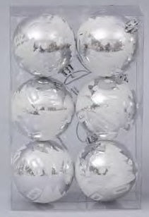 NATALE SFERE MM.70 ARGENTO C/DECORI BIANCHI CNF 6 PZ
