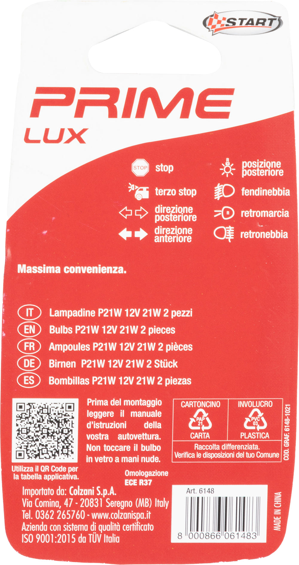 START P21W Coppia di Lampadine per luci lampeggiatori auto 12V 21W BA15s
