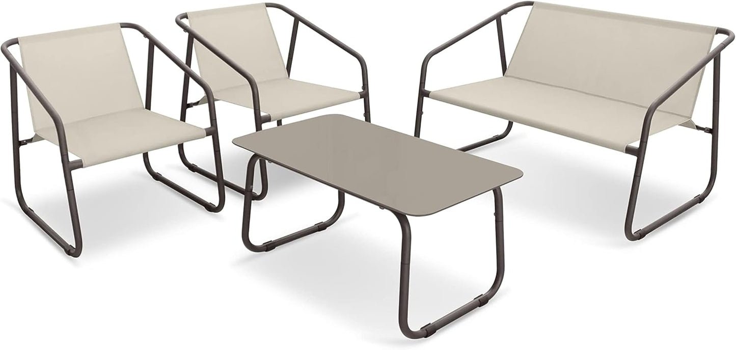 Garden Friend SALOTTO NIZZA (tavolo, divano, 2 poltrone) in acciaio color marrone e textilene color beige