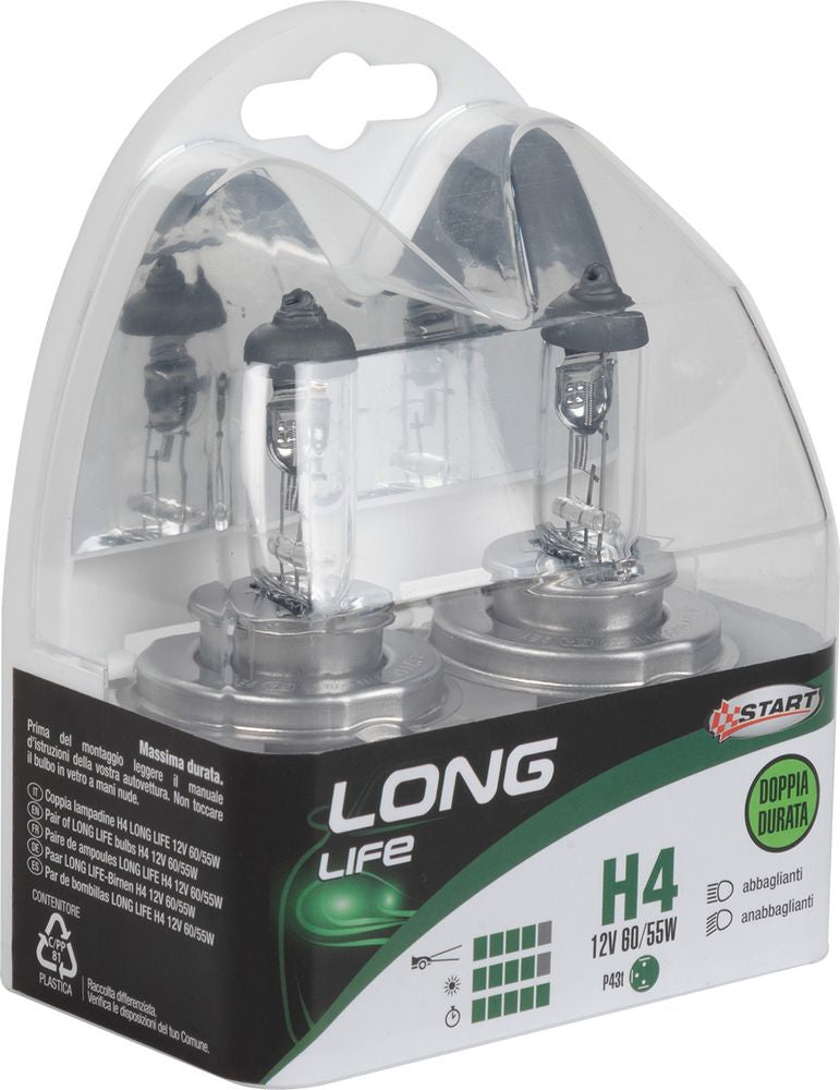 START H4 Long Life Coppia di lampadine per luci auto 12V 60/55W P43t