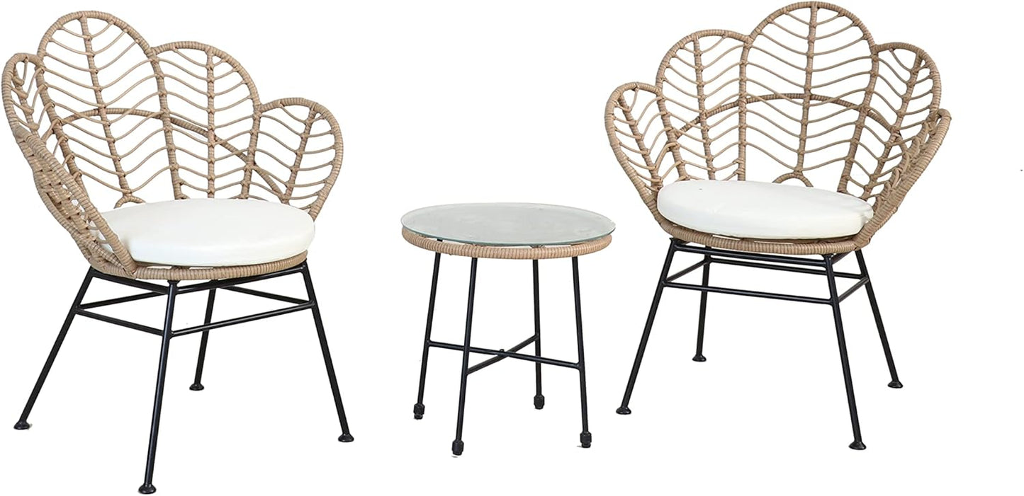 Garden Friend SALOTTO FIJI (tavolo e 2 sedie) struttura nera in acciaio, rivestimento color naturale in polyrattan, cuscini bianchi
