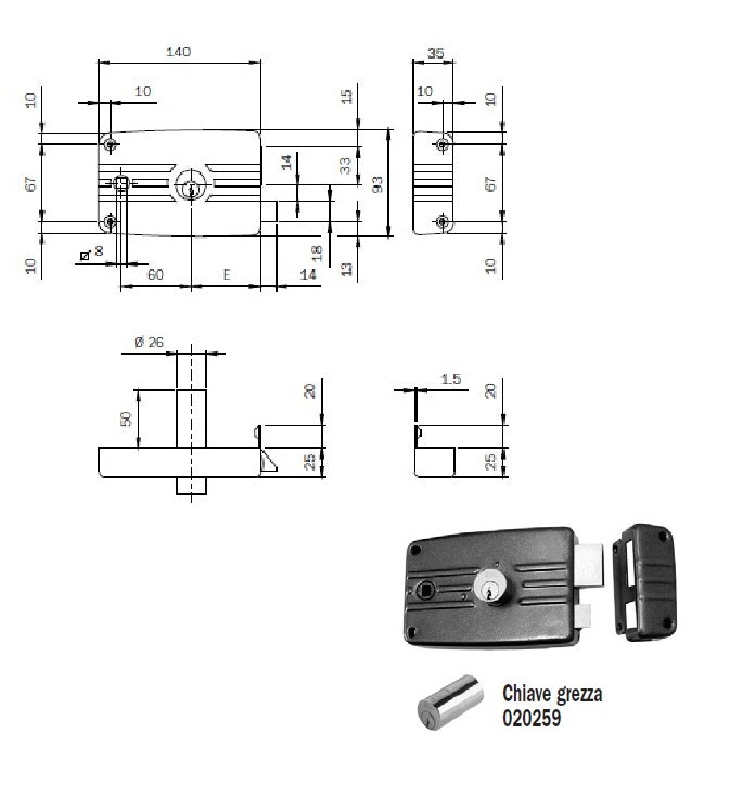 ISEO 481603 SERRATURA APPL. X FERRO CIL.FISSO MM.60 DX C/ALE