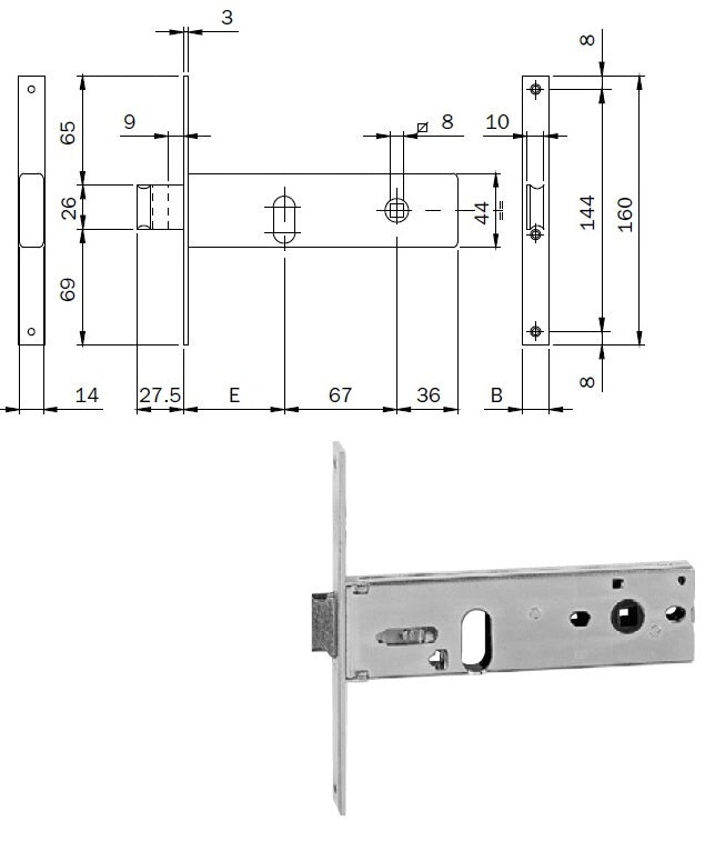ISEO 704601S SERRATURA X FASCIA FRONT.MM.16 ENTR.MM.60 C/CIL