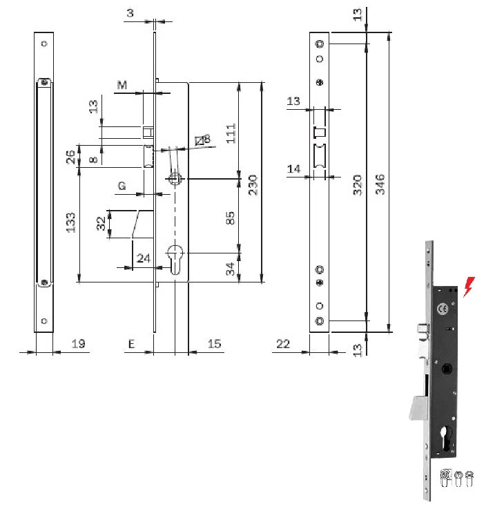 ISEO 781802252 SERRATURA ELETT.INF. X MONT.FRONT.INOX MM.25