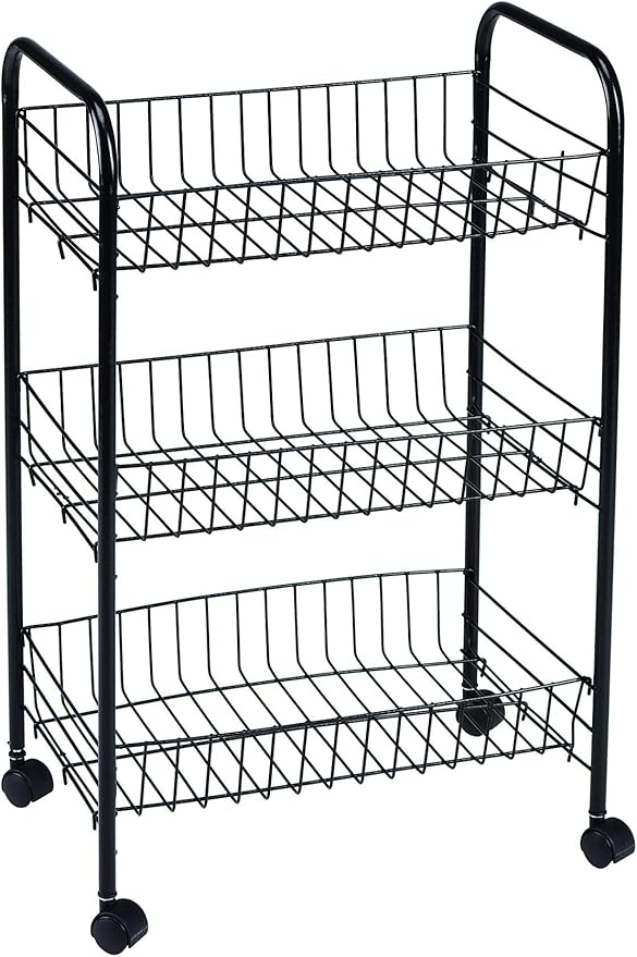 King Home CARRELLO MULTIUSO NERO in metallo a 3 ripiani con 4 ruote 40x26x62h cm