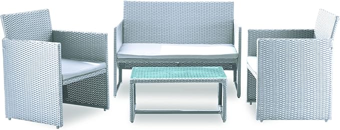 Garden Friend Salotto Valencia (2 poltrone 1 divano 1 tavolo) rivestimento in polyrattan bianco con cuscini grigi