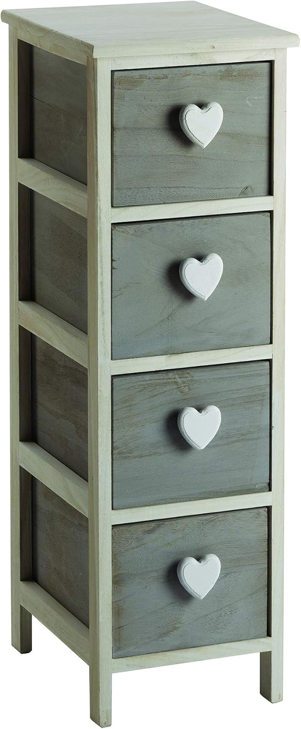 King Home Cassettiera In Legno di Paulownia 26x32x81h cm 4 Cass.C/Cuore bianca/grigia