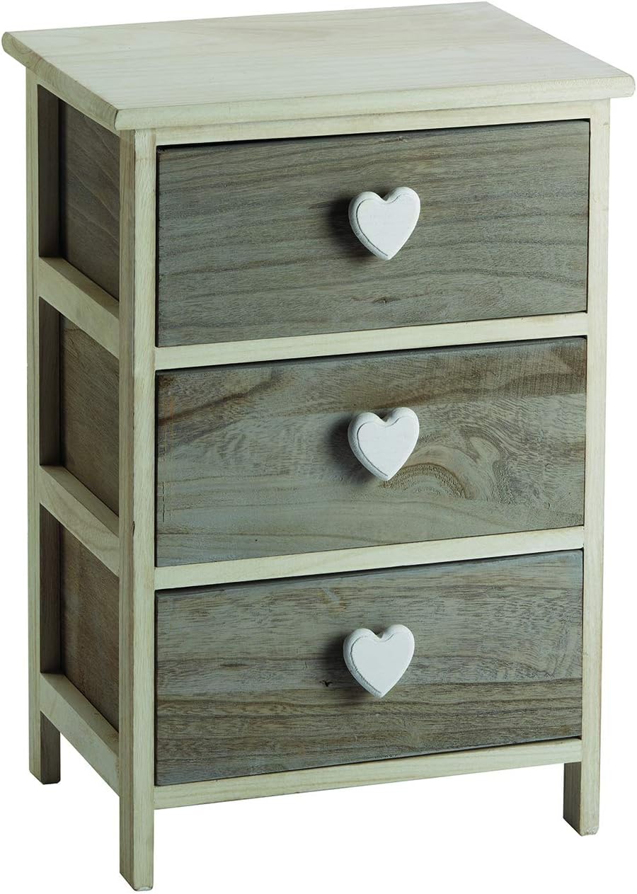 King Home Cassettiera In Legno di Paulownia 40x29x58h cm 3 Cass.C/Cuore bianca/grigia