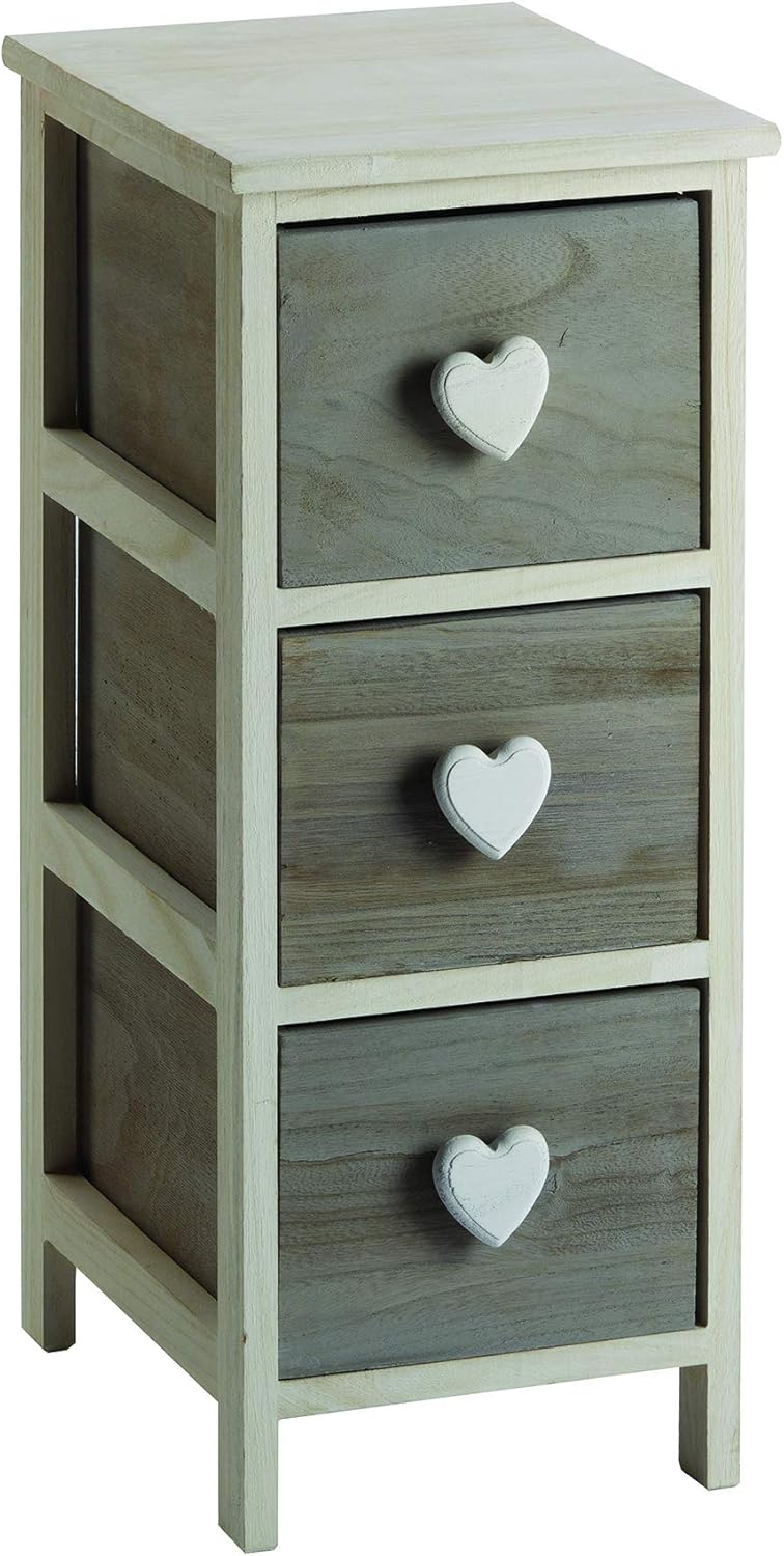 King Home Cassettiera In Legno di Paulownia 26x32x63h cm 3 Cass.C/Cuore bianca/grigia