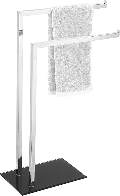 King Home PIANTANA PORTASCIUGAMANI 2 BRACCI in acciaio, base in vetro temperato nera 45x20x69h cm
