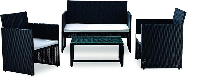Garden Friend Salotto Valencia (2 poltrone 1 divano 1 tavolo) rivestimento in polyrattan nero con cuscini bianchi