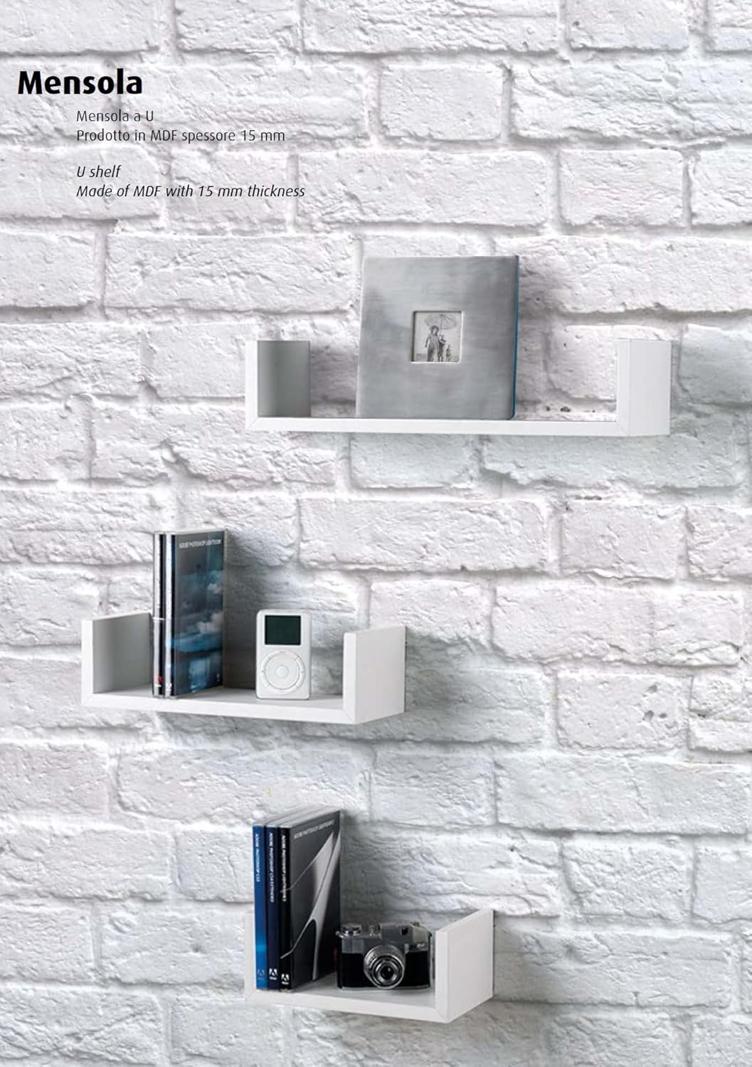 King Home SET 3 PZ(cm 10x25x13 + 10x35x13 + 10x45x13) MENSOLA A "U" IN MDF BIANCO CARTONE DA 8 PEZZI