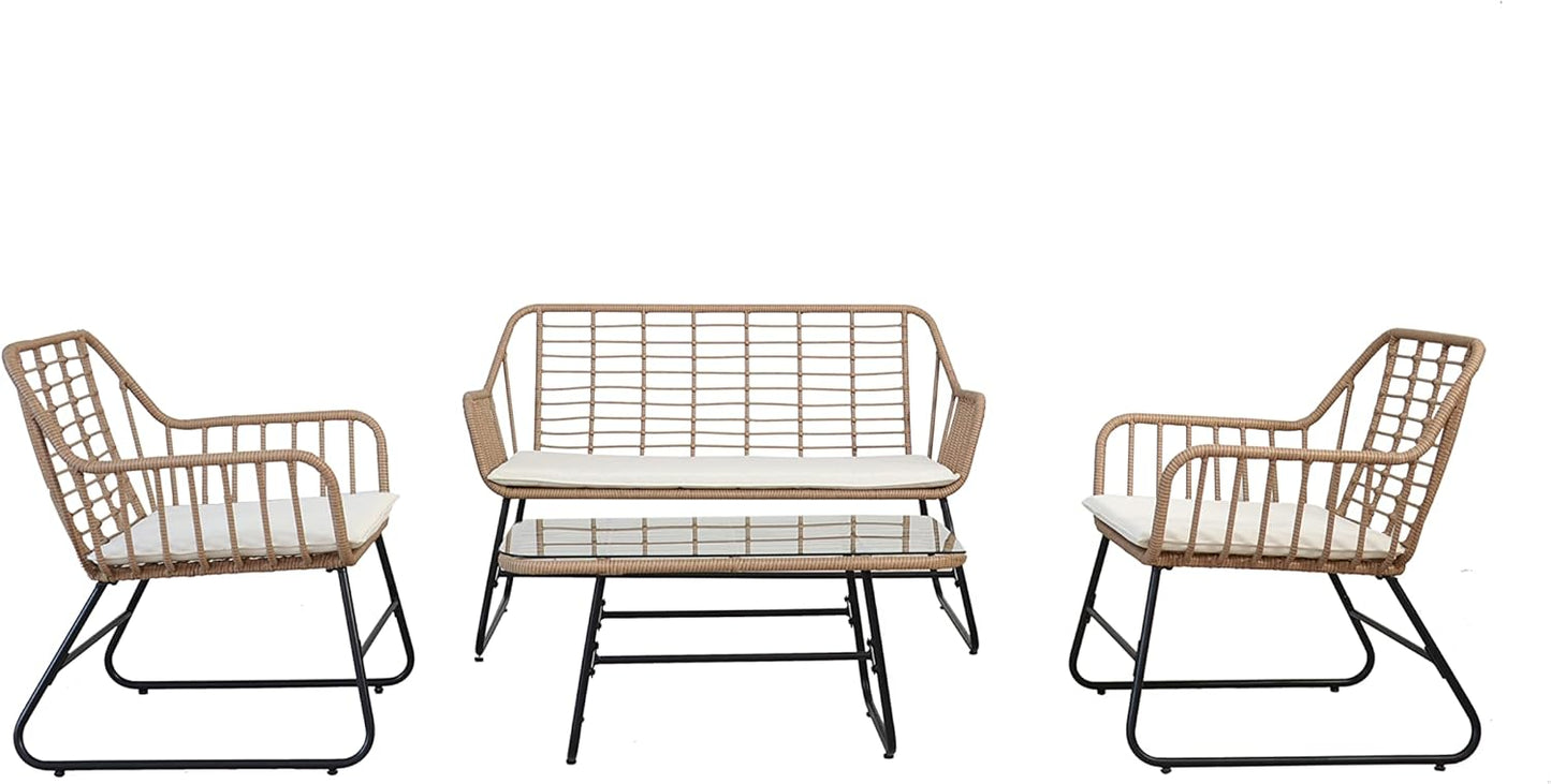 Garden Friend SALOTTO CEBU (tavolo, divano, 2 poltrone) struttura nera in acciaio, rivestimento color naturale in polyrattan, cuscini bianchi
