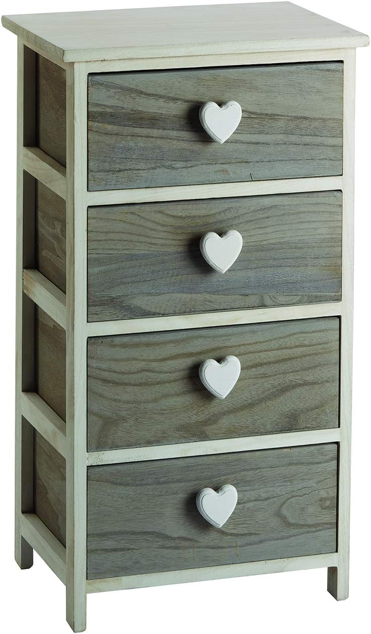 King Home Cassettiera In Legno di Paulownia 40x29x73h cm 4 Cass.C/Cuore bianca/grigia