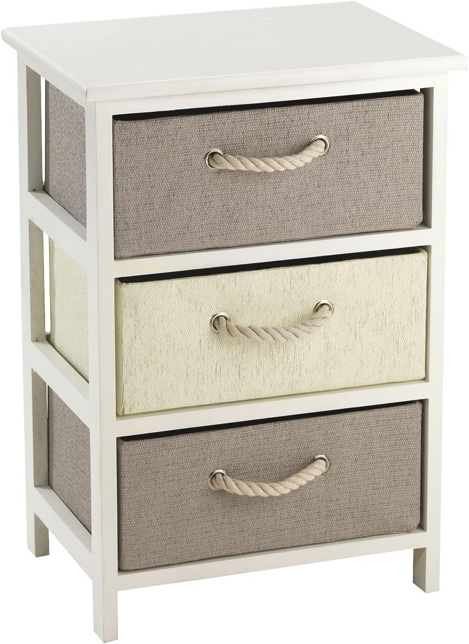 King Home Cassettiera in Legno E Rafia Sintetica 40x30x60h cm 3 Cassetti bianca/sabbia/beige