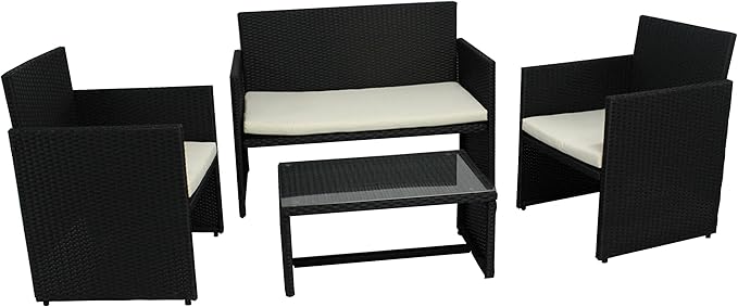 Garden Friend Salotto Valencia (2 poltrone 1 divano 1 tavolo) rivestimento in polyrattan nero con cuscini bianchi