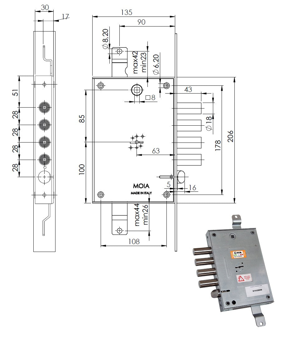 MOIA SERRATURA 614/280 DX TRIPLICE D.MAPPA X P.TE BLINDATE A