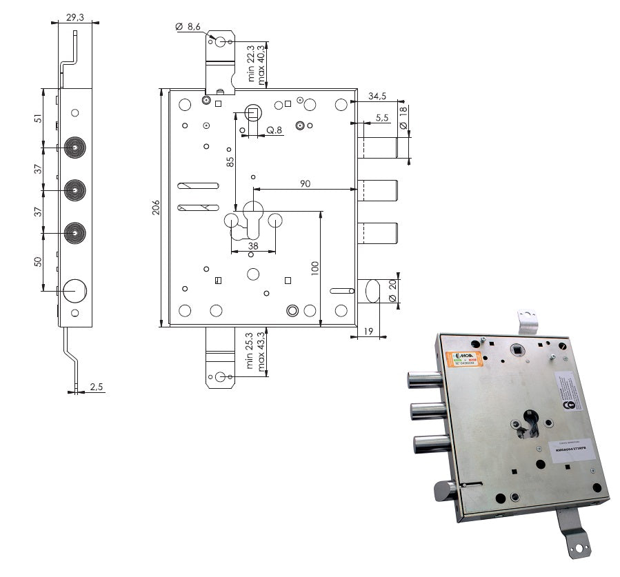 MOIA SERRATURA RMGA664/373RFB TRIPLICE MM.89 X PORTE BLINDAT