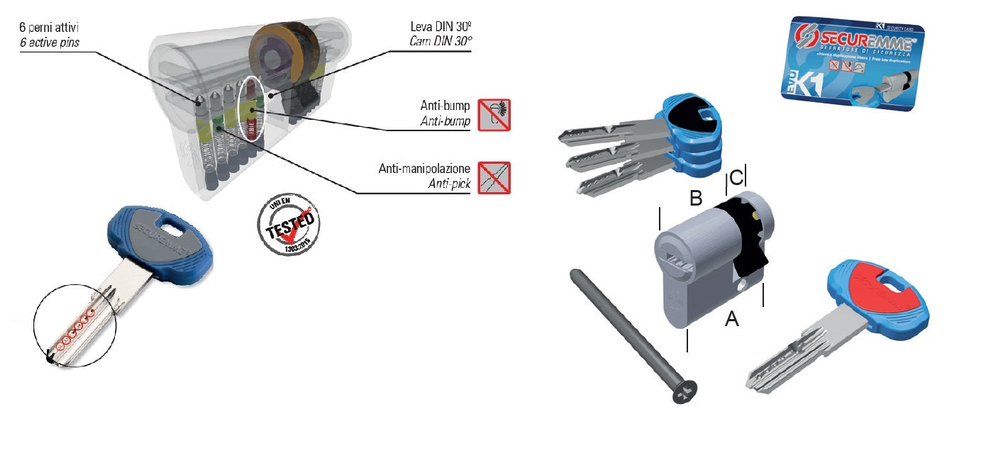 SECUREMME EVOK1 MEZZO CILINDRO MM.40(30X10) CROMO SATINATO