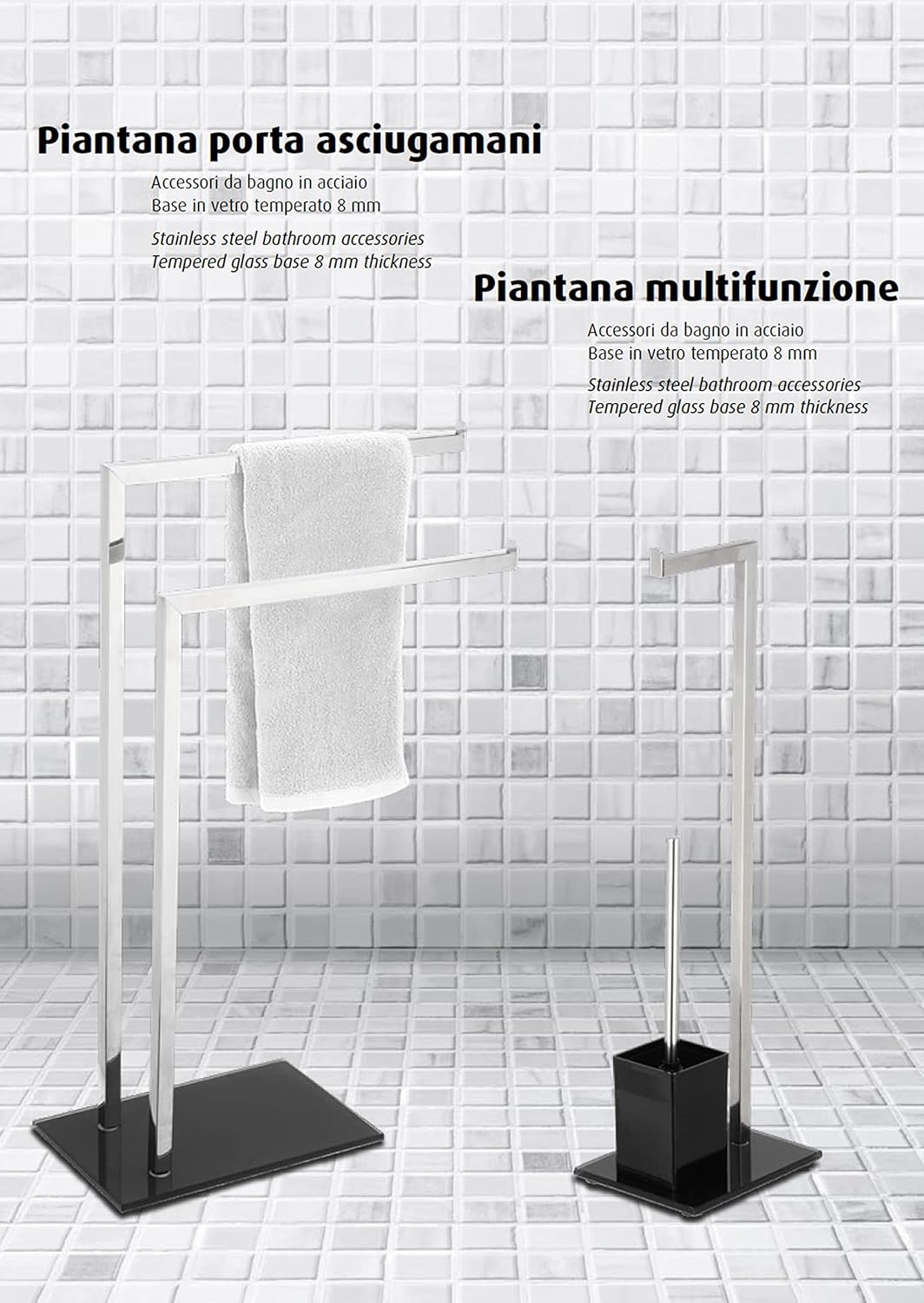 King Home PIANTANA PORTASCIUGAMANI 2 BRACCI in acciaio, base in vetro temperato nera 45x20x69h cm