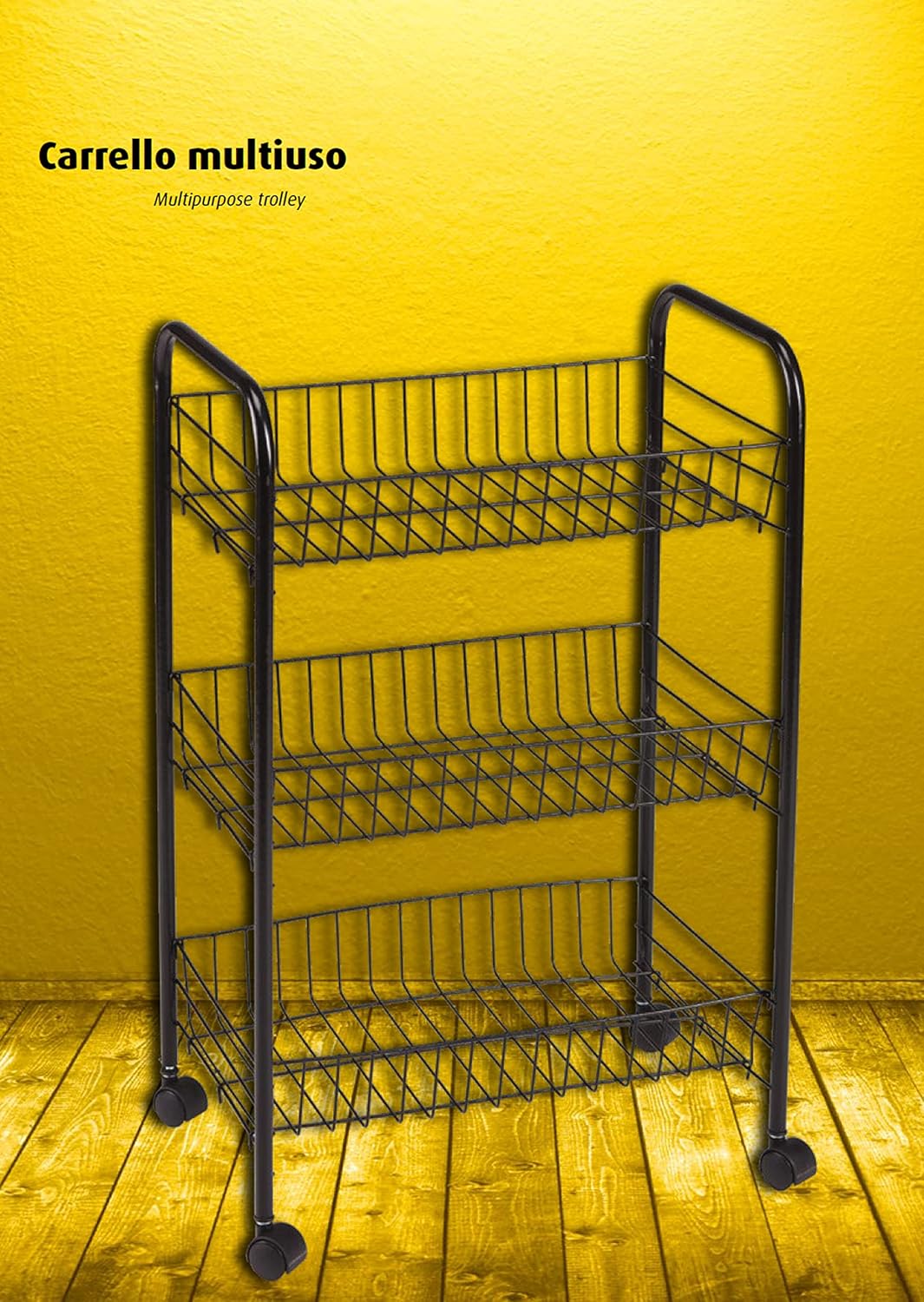 King Home CARRELLO MULTIUSO NERO in metallo a 3 ripiani con 4 ruote 40x26x62h cm