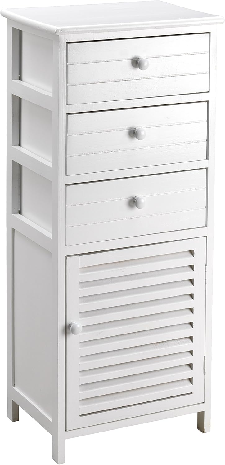 King Home Cassettiera In Legno di Paulownia 40x29x93h cm 3 Cassetti + Anta bianca