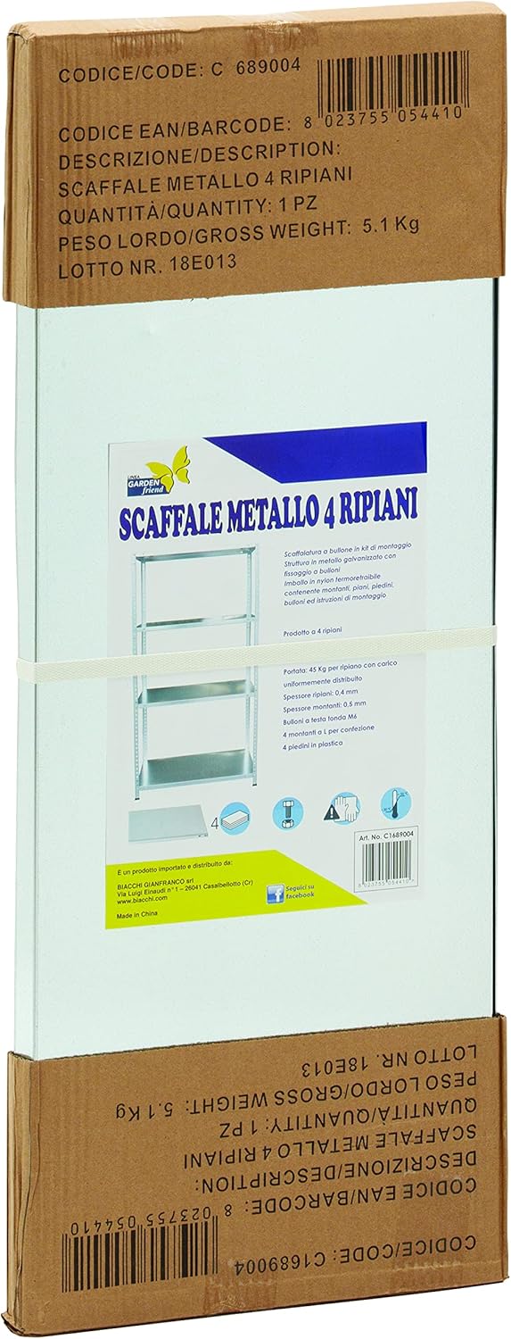 Garden Friend Scaffale in metallo a 4 ripiani, 45kg per ripiano, H 147 x L 75 x P 30 cm