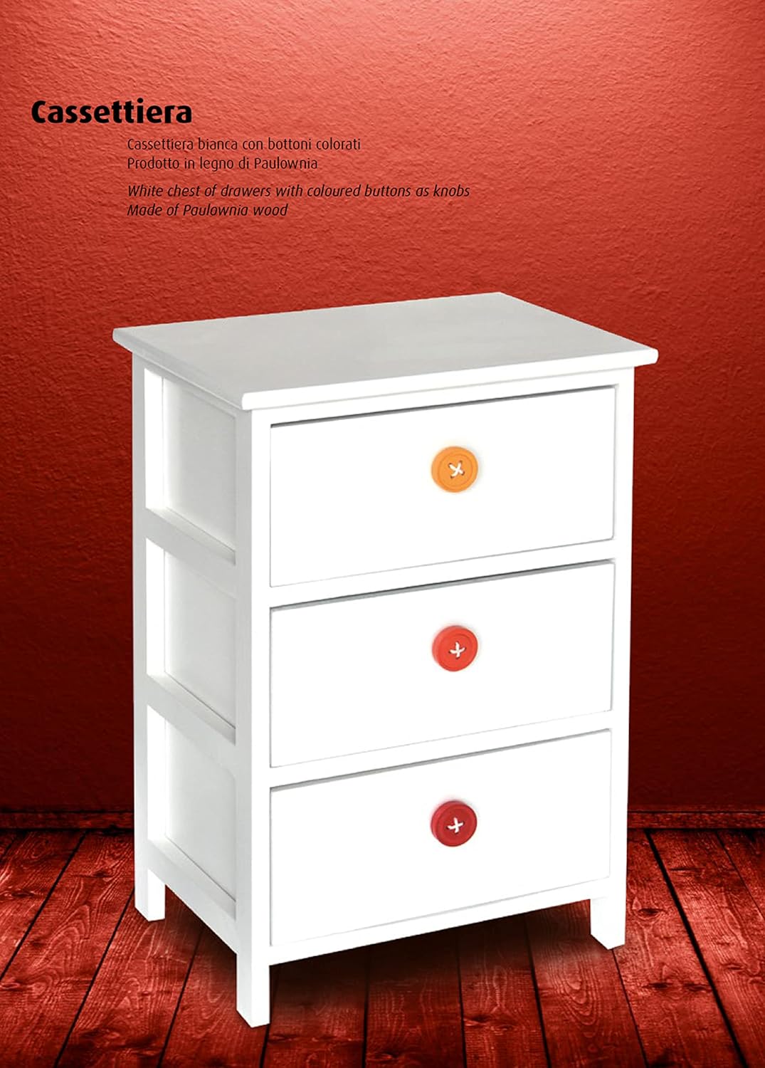 King Home Cassettiera In Legno di Paulownia 40x29x58h cm 3 Cassetti bianca C/Bottoni Colorati