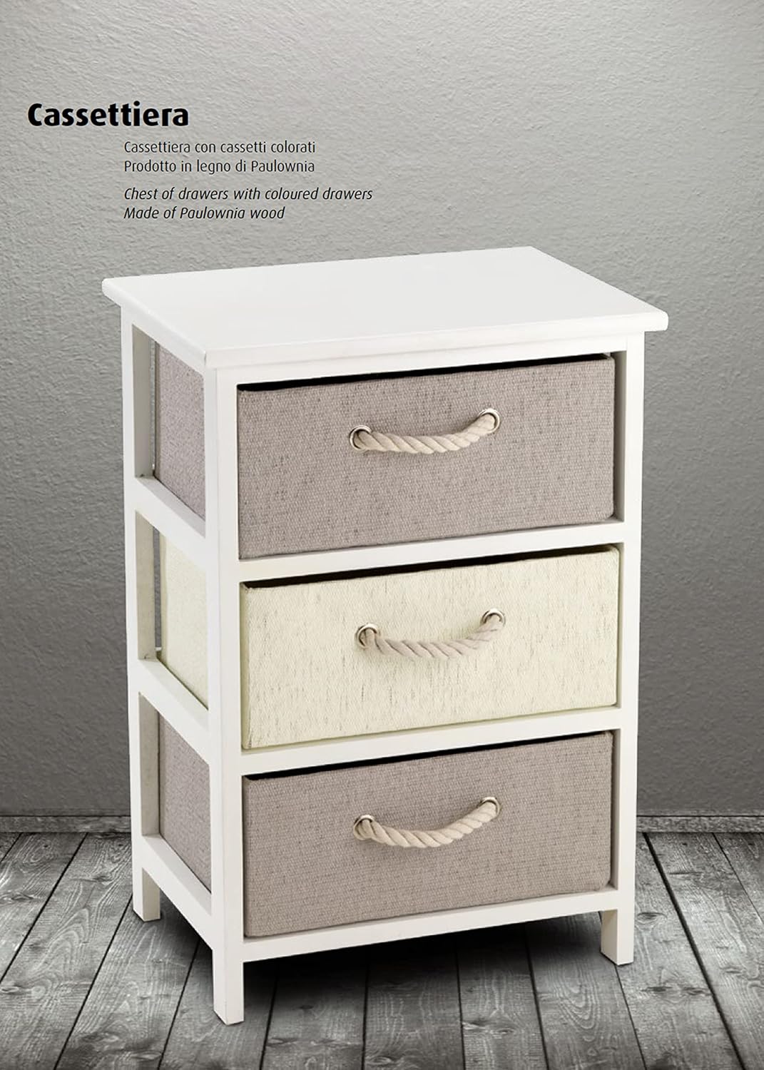 King Home Cassettiera in Legno E Rafia Sintetica 40x30x60h cm 3 Cassetti bianca/sabbia/beige