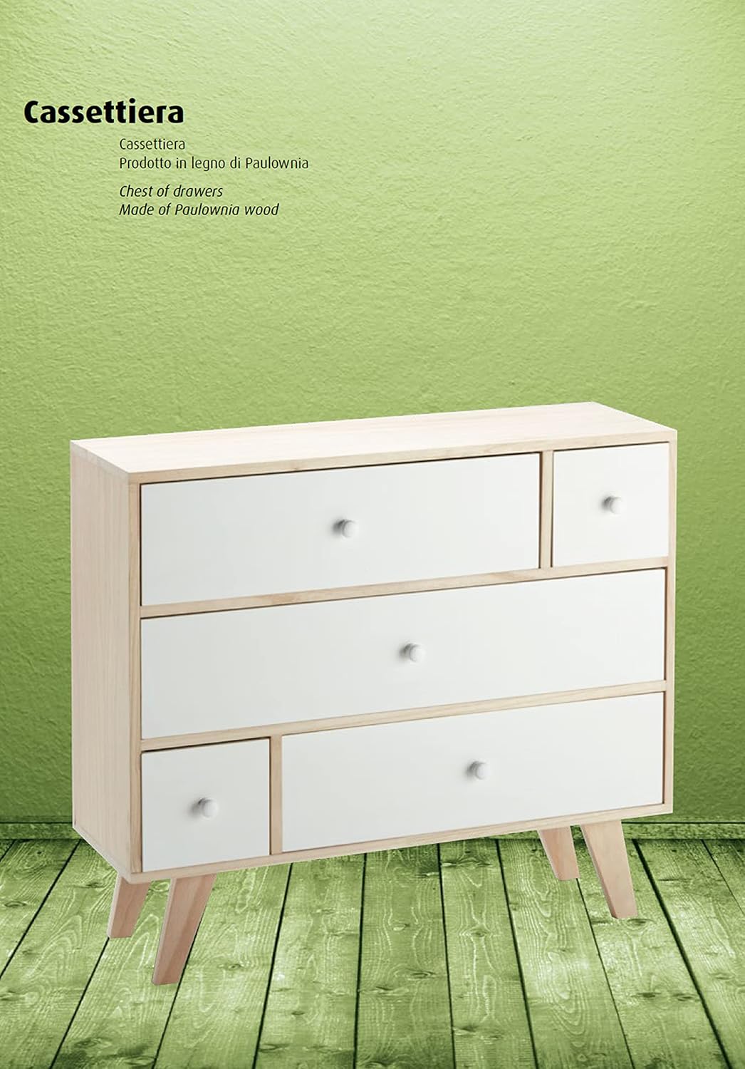 King Home Mobiletto In Legno Di Paulownia 80x25x69h cm 5 Cassetti (3 Grandi, 2 Piccoli)