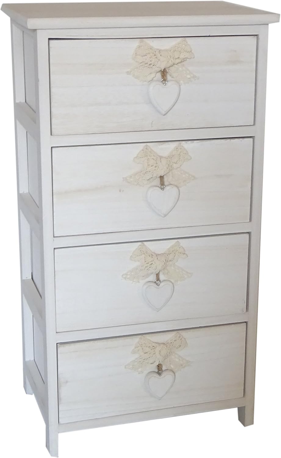 King Home Cassettiera In Legno Di Paulownia 40x29x73h cm 4 Cass. C/Cuore White Washed