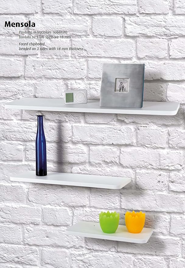 King Home MENSOLA STONDATA IN TRUCIOLARE NOBILITATO BORDATO SU 3 LATI BIANCO(cm 60x20x2) CARTONE DA 4 PEZZI