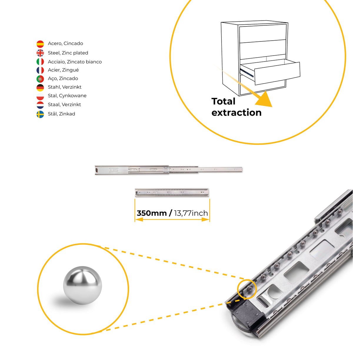 Guide a sfera per cassetti ad estrazione totale, altezza 45 mm