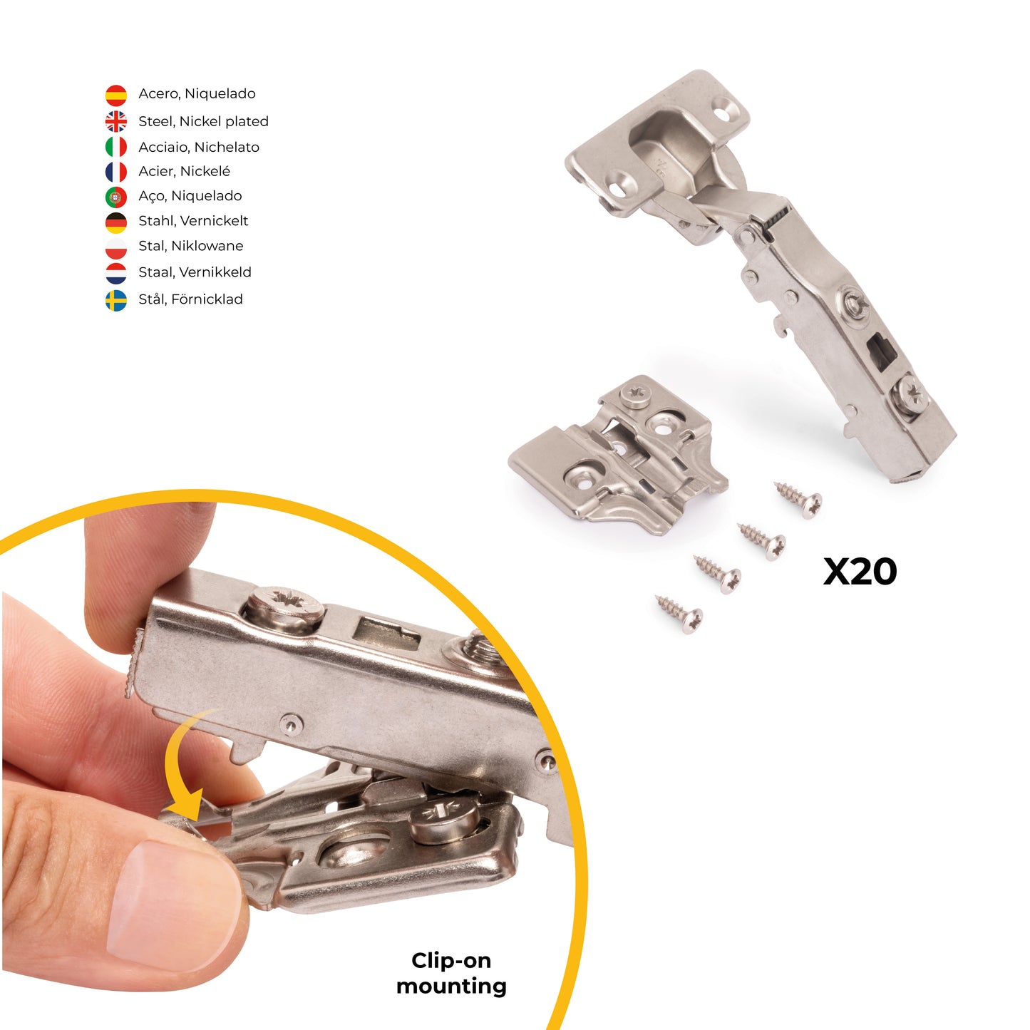 Kit cerniera collo dritto X91 con chiusura ammortizzata e basetta