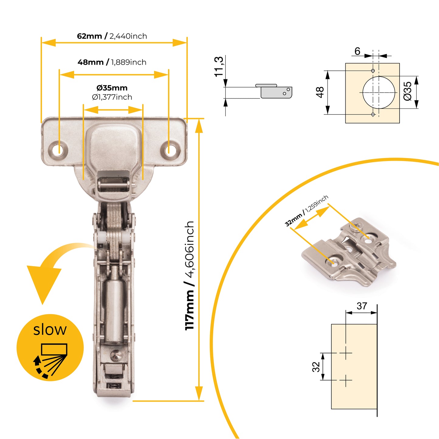Kit cerniera collo dritto X91 con chiusura ammortizzata e basetta