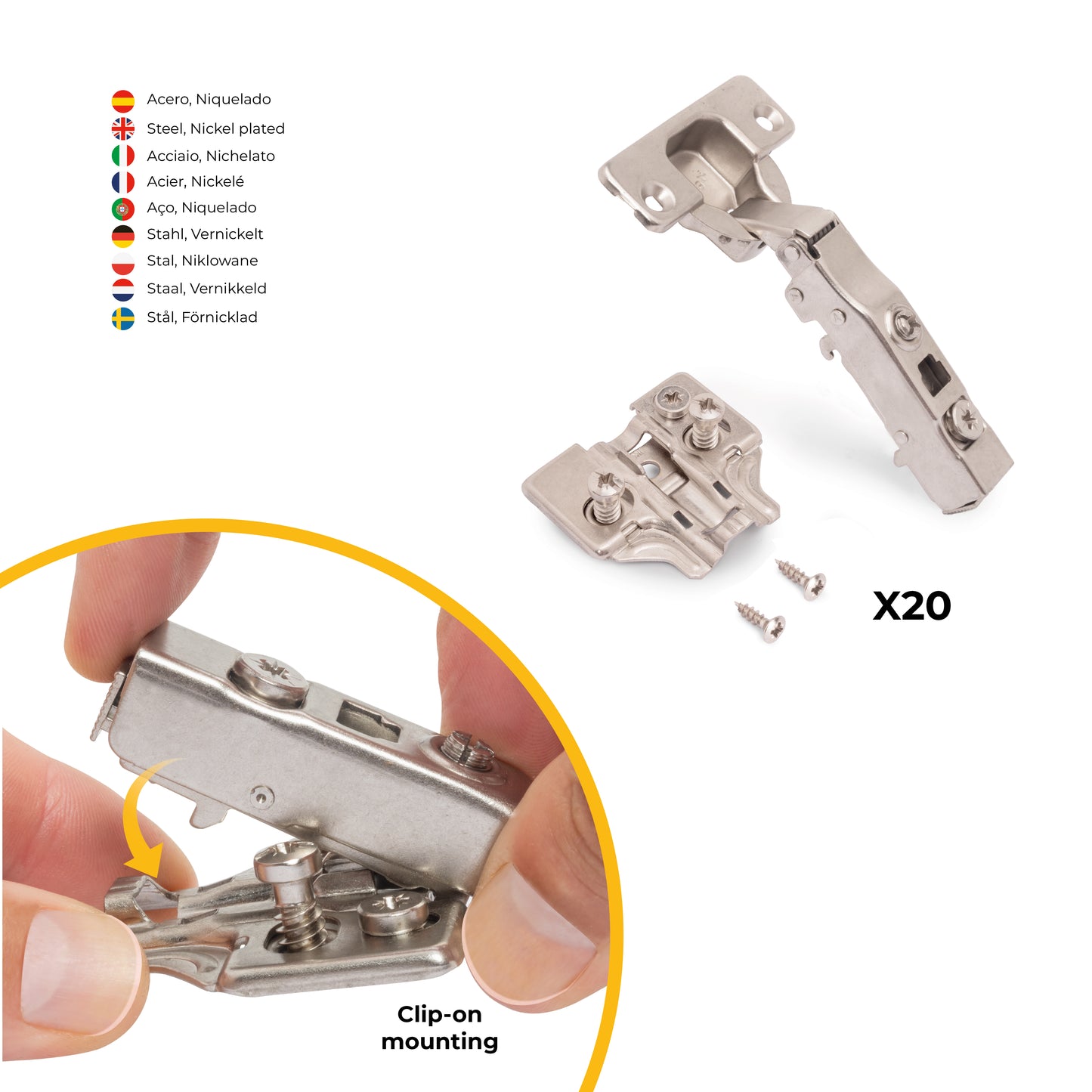 Kit cerniera collo dritto X91 con chiusura ammortizzata e basetta