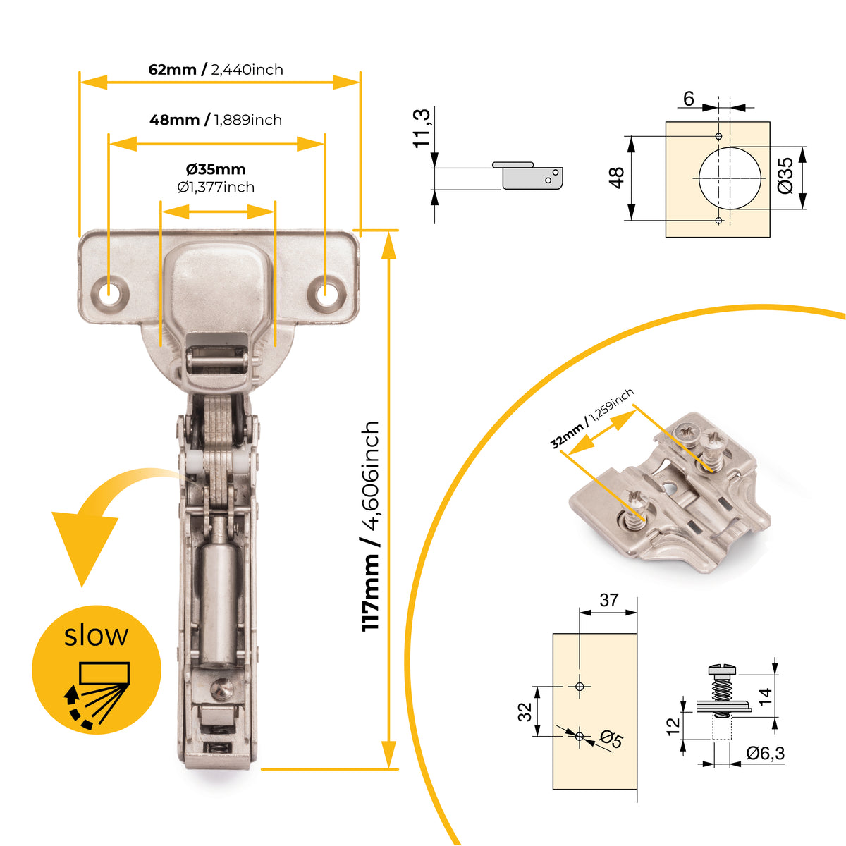 Kit cerniera collo dritto X91 con chiusura ammortizzata e basetta