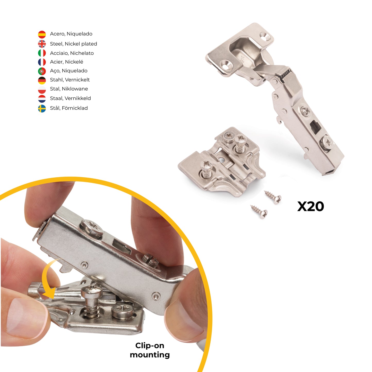 Kit cerniera mezzo collo X91 con chiusura ammortizzata, basette per vite