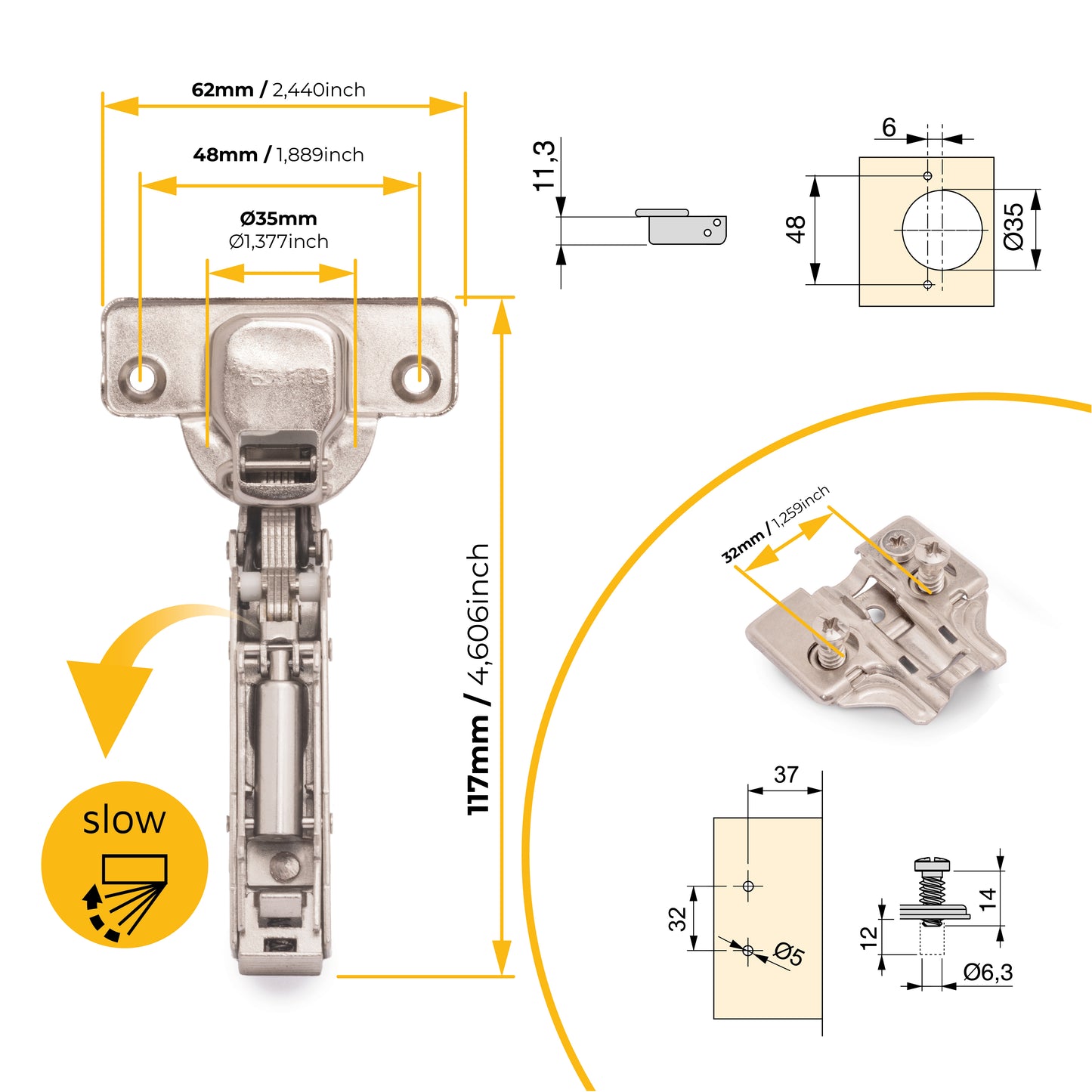 Kit cerniera mezzo collo X91 con chiusura ammortizzata, basette per vite