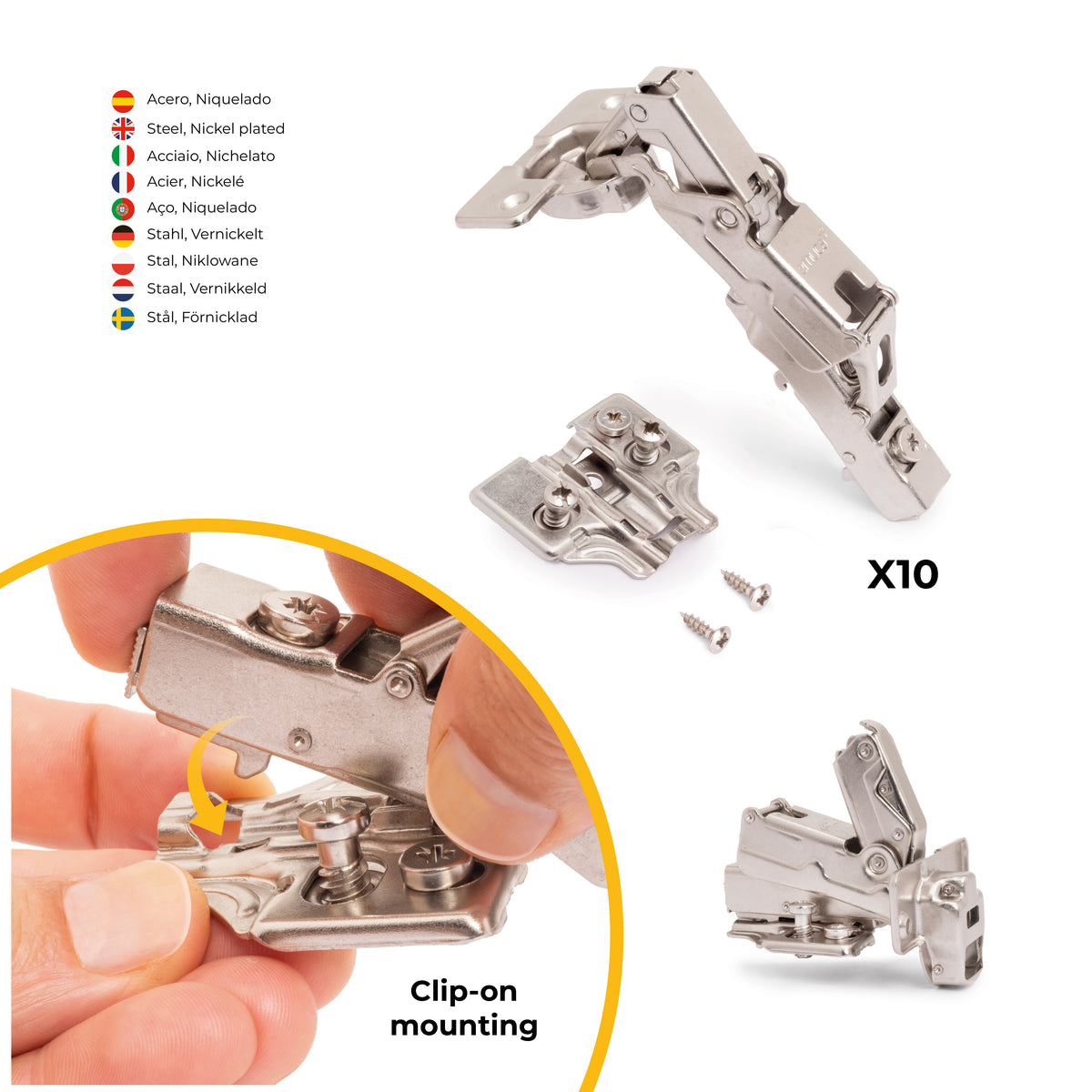 Kit cerniera collo dritto X91 da apertura 165 con chiusura amortizzata e basetta