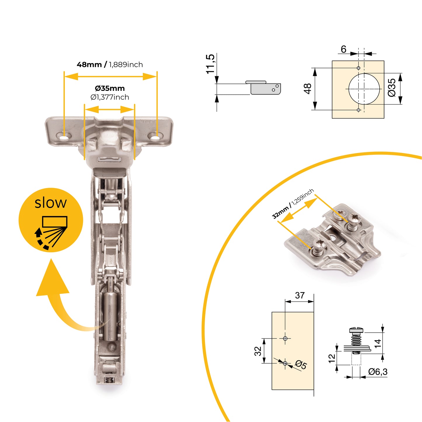 Kit cerniera mezzo collo X91 da apertura 165 con chiusura amortizzata e basetta