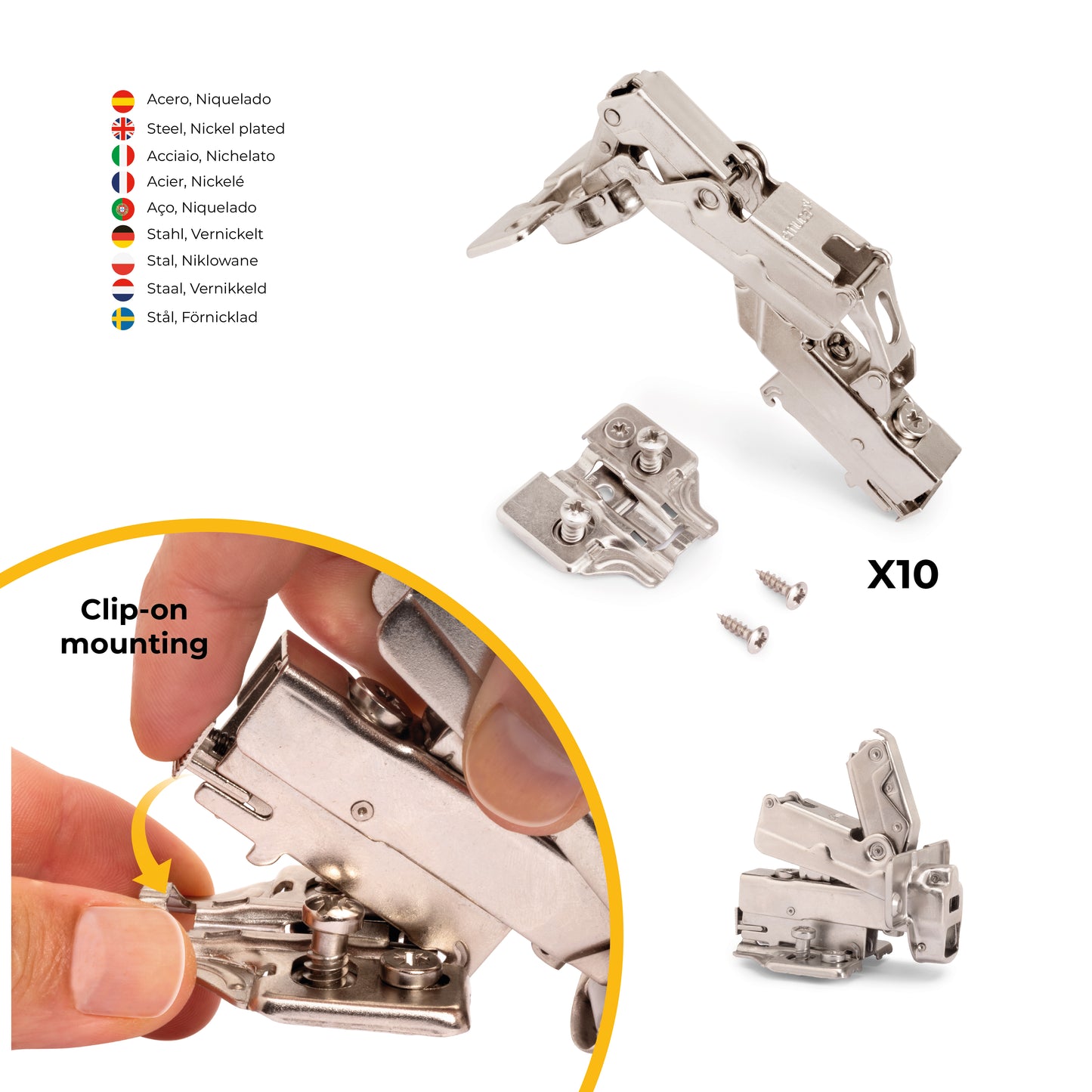Kit cerniera collo alto X91 da apertura 165 con chiusura ammortizzata e basetta