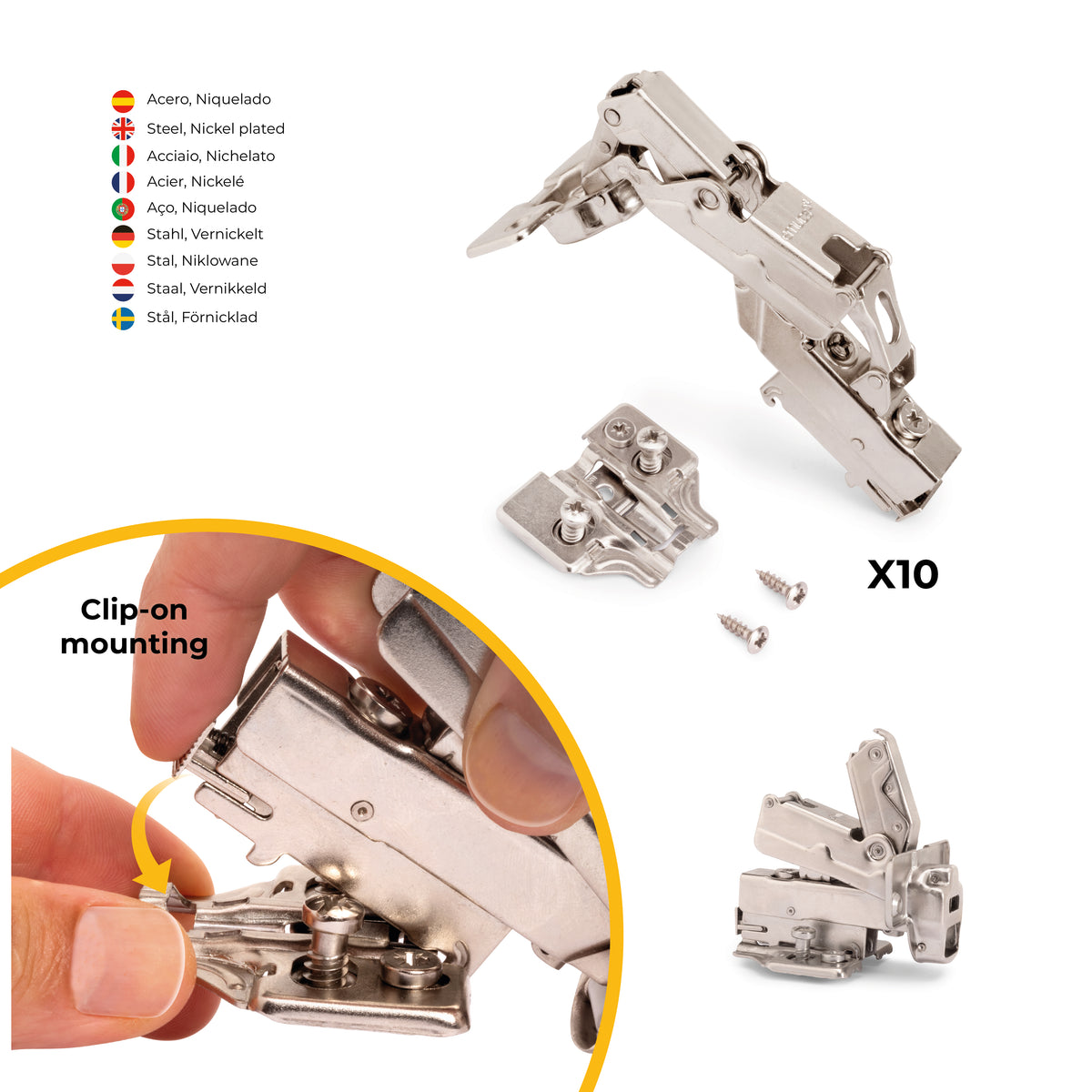 Kit cerniera collo alto X91 da apertura 165 con chiusura ammortizzata e basetta