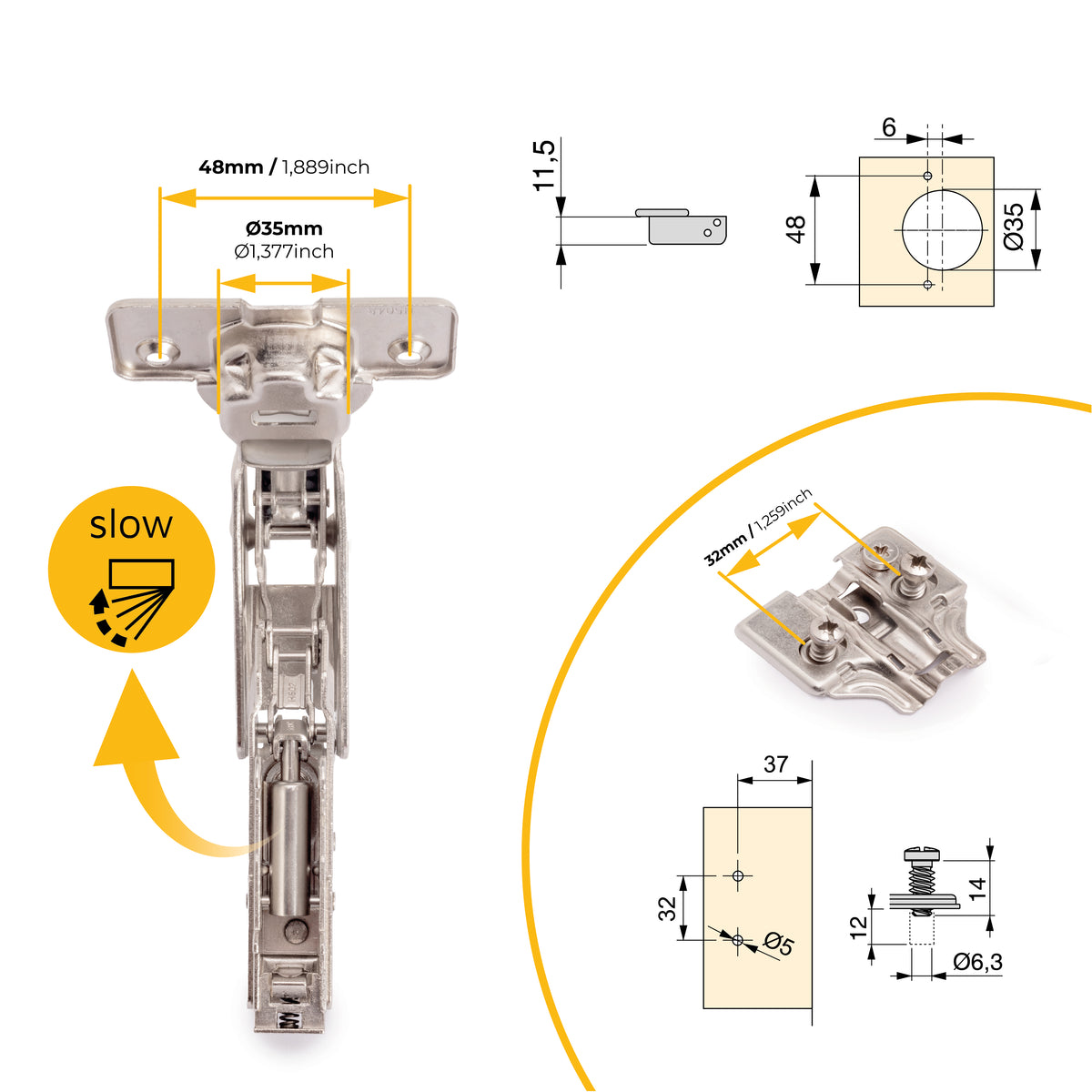 Kit cerniera collo alto X91 da apertura 165 con chiusura ammortizzata e basetta