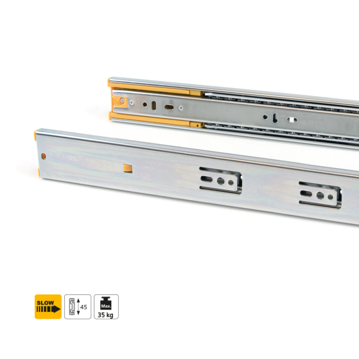 Guide a sfere per cassetti con estrazione totale e chiusura soft, altezza 45 mm
