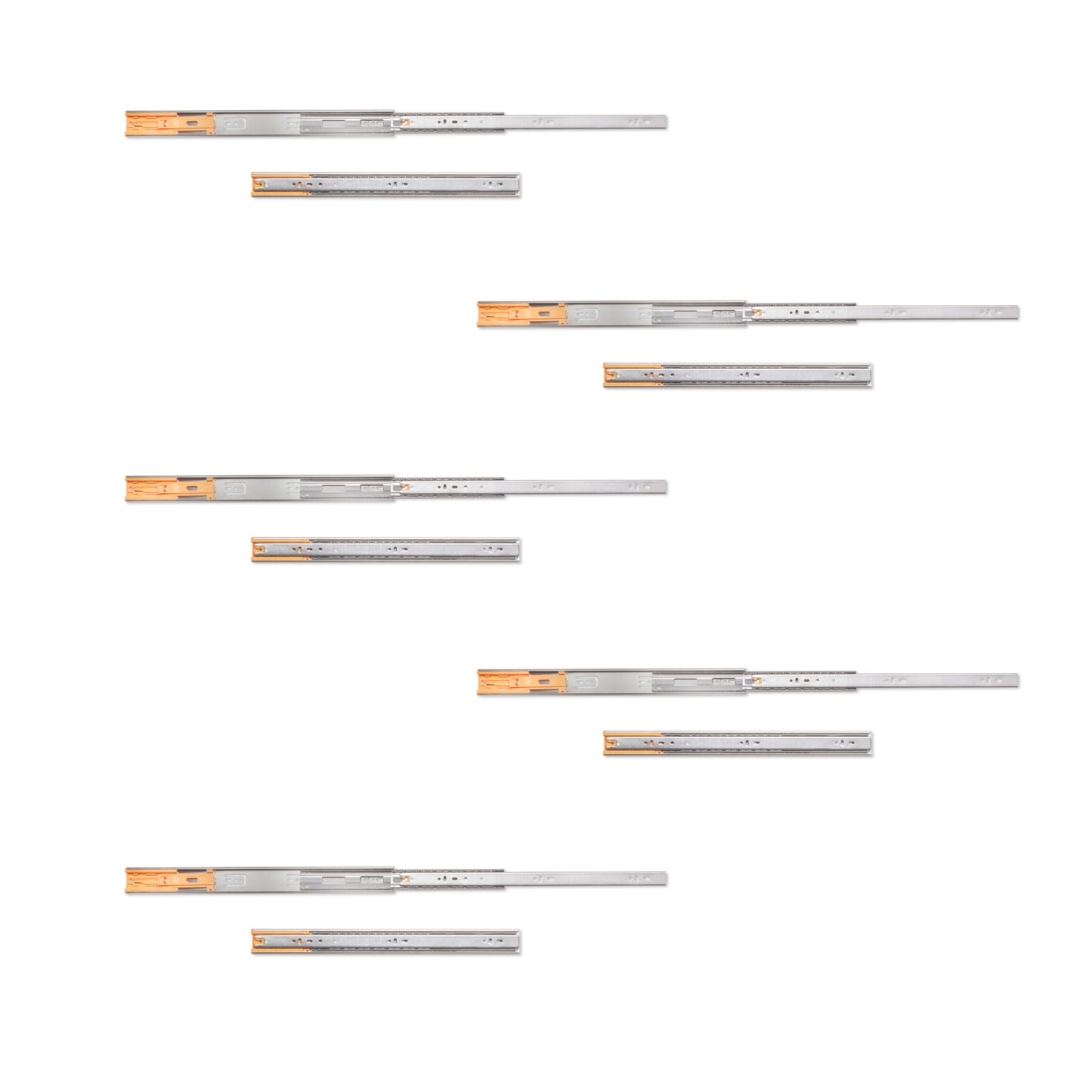 Guide a sfere per cassetti con estrazione totale e chiusura soft, altezza 45 mm