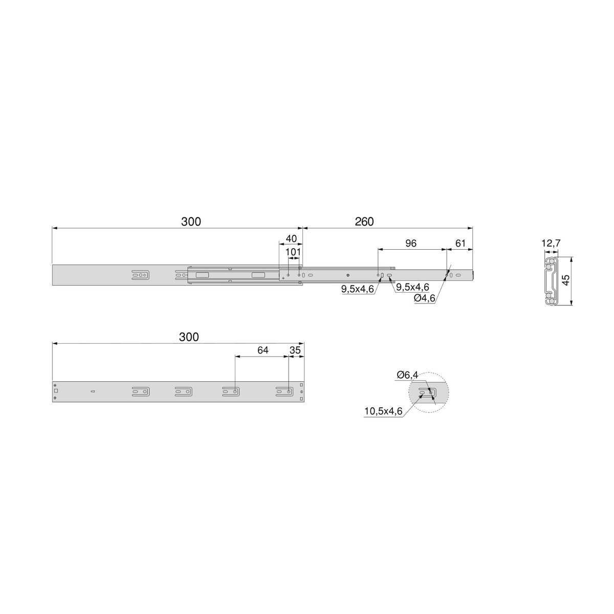 Kit Guide per cassetti, a sfera, estrazione totale, sistema push, chiusura soft, 45 mm.