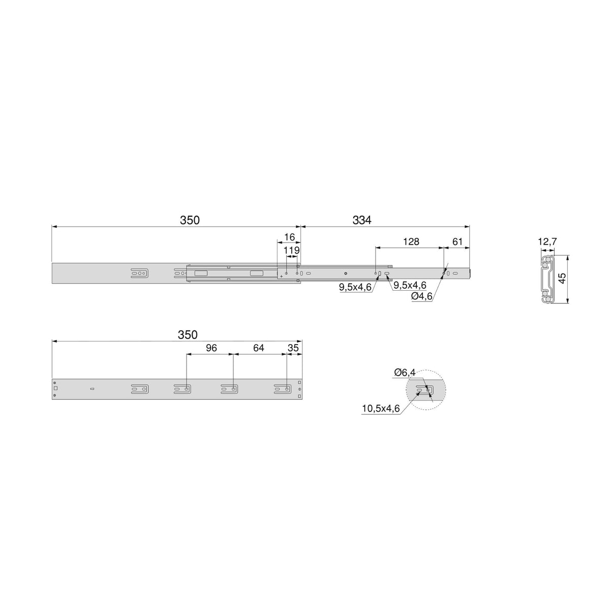 Kit Guide per cassetti, a sfera, estrazione totale, sistema push, chiusura soft, 45 mm.