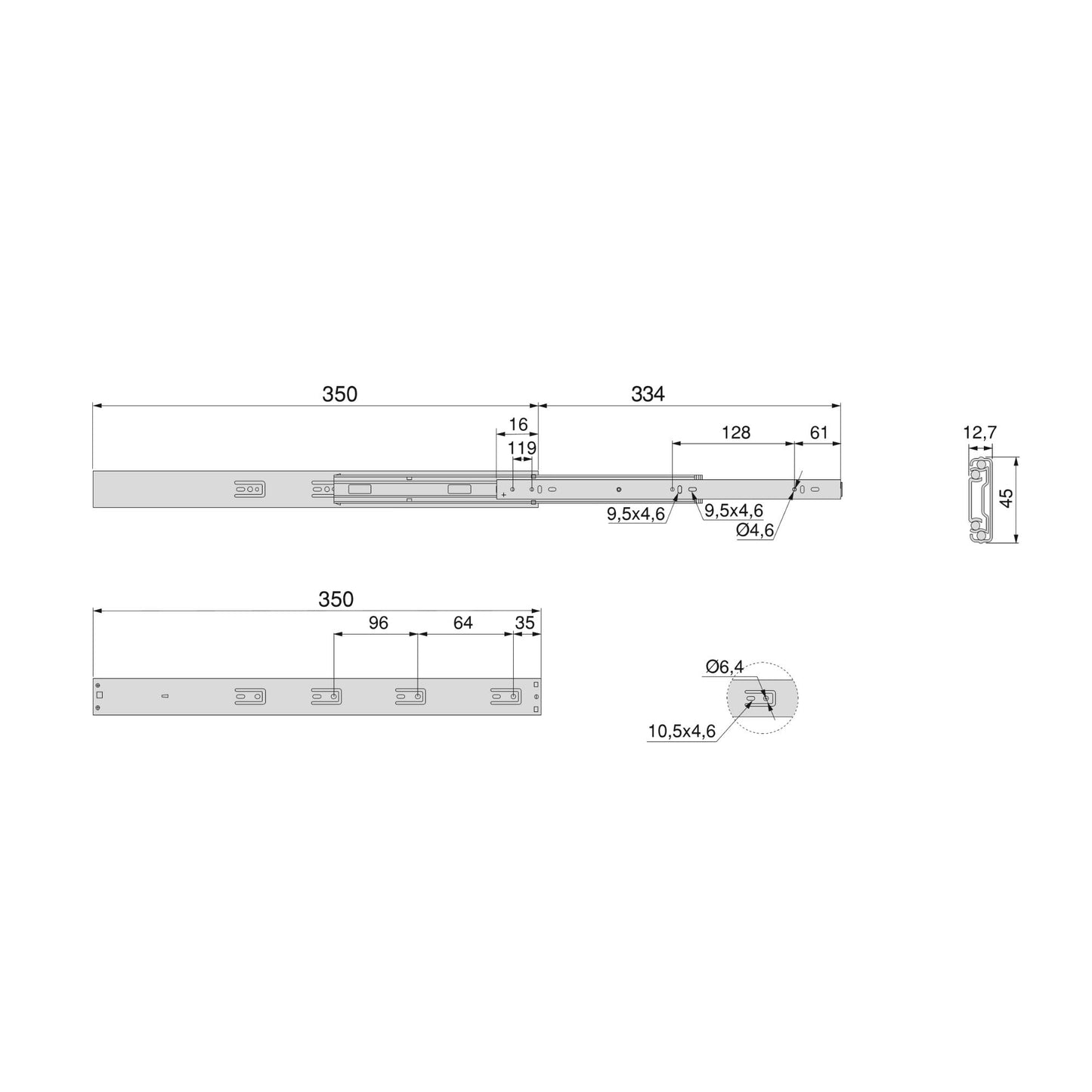 Kit Guide per cassetti, a sfera, estrazione totale, sistema push, chiusura soft, 45 mm.