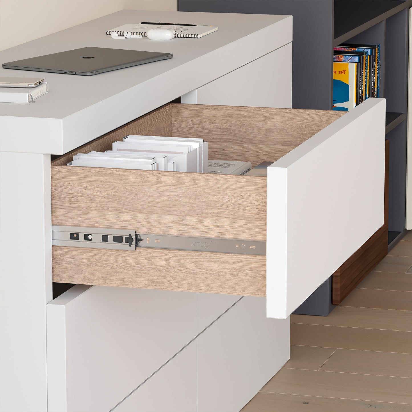 Kit Guide per cassetti, a sfera, estrazione totale, sistema push, chiusura soft, 45 mm.